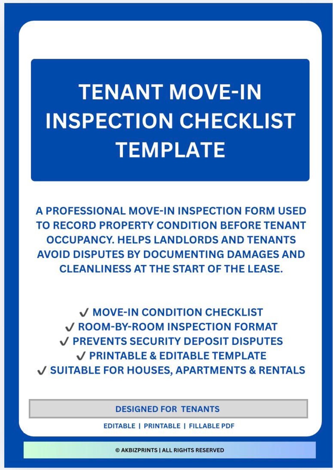 Tenant Check In Form Tenant Move-in Inspection Checklist Template | Rental Property ...
