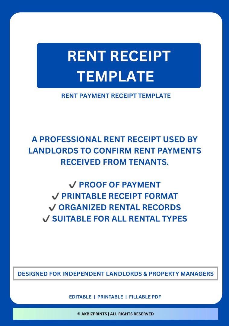 Rent Receipt Template | Editable Printable Rent Payment Receipt PDF ...