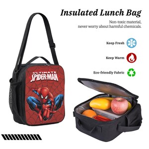 May include: Black insulated lunch bag featuring the Ultimate Spider-Man. The bag has a red front with a Spider-Man graphic, a black shoulder strap, and a side mesh pocket. The open bag reveals fruit and containers.