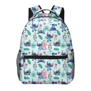 May include: A light blue backpack featuring a repeating pattern of cartoon characters, flowers, and leaves. The backpack has black straps and a black zipper. The pattern includes blue and pink characters, pink flowers, and green leaves.