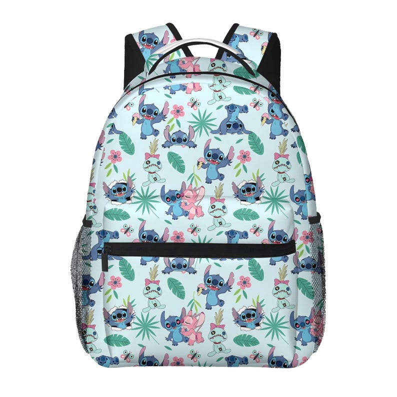 May include: A light blue backpack featuring a repeating pattern of cartoon characters, flowers, and leaves. The backpack has black straps and a black zipper. The pattern includes blue and pink characters, pink flowers, and green leaves.