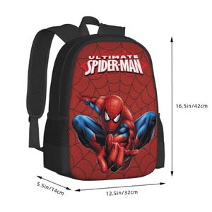 May include: Black and red backpack featuring the Ultimate Spider-Man logo and a graphic of Spider-Man. The backpack is 16.5 inches (42 cm) tall, 12.5 inches (32 cm) wide, and 5.5 inches (14 cm) deep. It has black shoulder straps and a top handle.