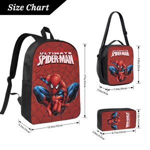 May include: A red Spider-Man themed backpack, lunch bag, and pencil case set. The backpack is 17 inches (43 cm) tall and 12.6 inches (32 cm) wide. The lunch bag is 9.8 inches (25 cm) tall and 7.9 inches (20 cm) wide. The pencil case is 4.3 inches (11 cm) tall and 8.7 inches (22 cm) wide.