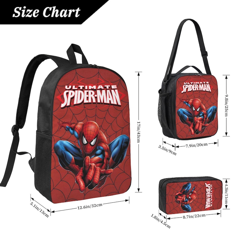 May include: A red Spider-Man themed backpack, lunch bag, and pencil case set. The backpack is 17 inches (43 cm) tall and 12.6 inches (32 cm) wide. The lunch bag is 9.8 inches (25 cm) tall and 7.9 inches (20 cm) wide. The pencil case is 4.3 inches (11 cm) tall and 8.7 inches (22 cm) wide.