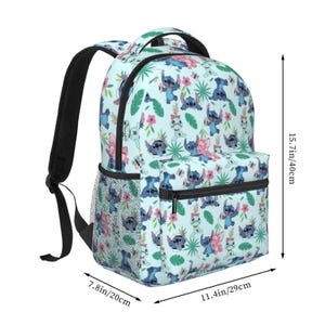May include: A light blue backpack with a repeating pattern of cartoon characters, flowers, and leaves. The backpack measures 15.7 inches tall, 11.4 inches wide, and 7.8 inches deep. It has a black mesh side pocket and black straps.