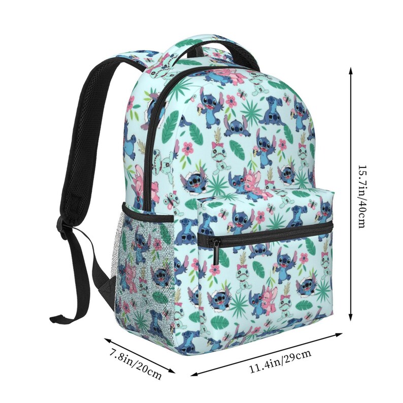 May include: A light blue backpack with a repeating pattern of cartoon characters, flowers, and leaves. The backpack measures 15.7 inches tall, 11.4 inches wide, and 7.8 inches deep. It has a black mesh side pocket and black straps.