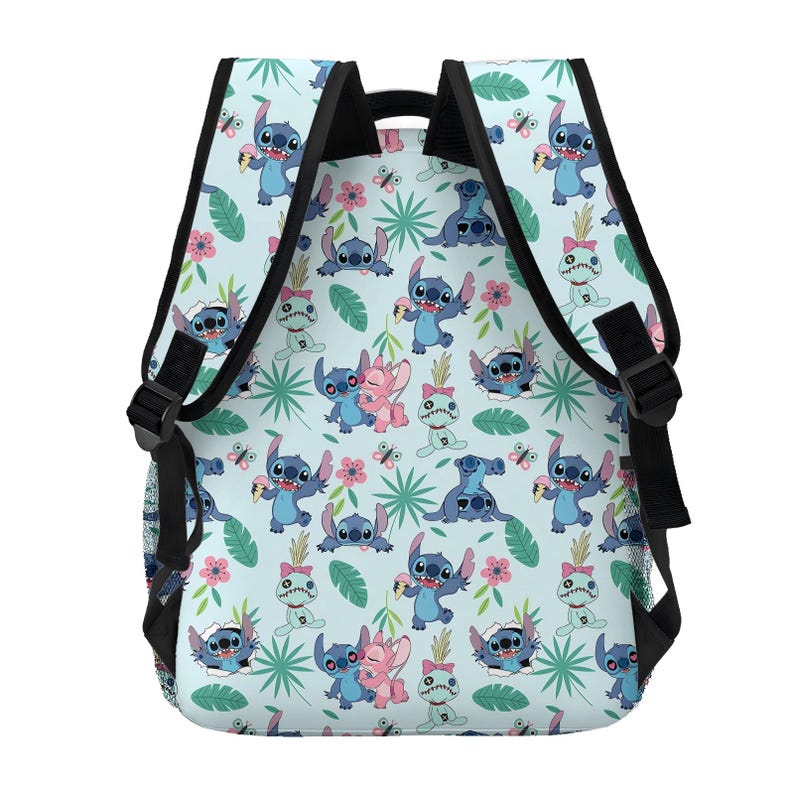 May include: A light blue backpack featuring a repeating pattern of the character Stitch, pink flowers, butterflies, and green leaves. The backpack has black straps and buckles, and is designed for carrying items.