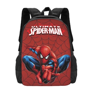 May include: A black and red backpack featuring the Ultimate Spider-Man. The backpack has a red background with a spiderweb design and a large image of Spider-Man in his classic red and blue suit. The text "ULTIMATE SPIDER-MAN" is displayed at the top.