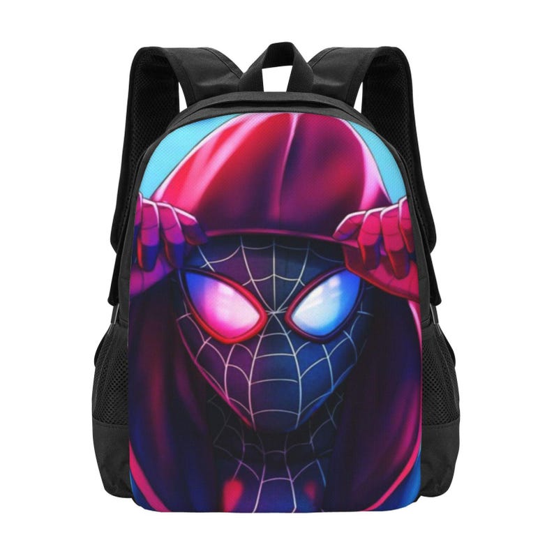 May include: Black backpack featuring a vibrant illustration of a superhero with a spider-web design and a red hood. The backpack has black straps and side pockets, perfect for carrying school supplies or everyday essentials.