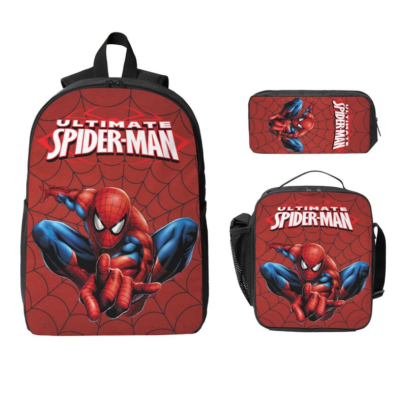 May include: A red and black Spider-Man themed backpack, pencil case, and lunch bag set. The backpack and lunch bag feature the words "Ultimate Spider-Man" and a graphic of Spider-Man in a web. The pencil case has a Spider-Man graphic.