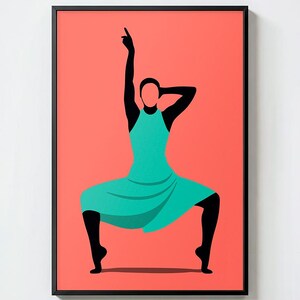 May include: A framed art print featuring a stylized figure in a dance pose. The figure is depicted in black, wearing a teal dress, against a coral background. The artwork is framed in a black border.