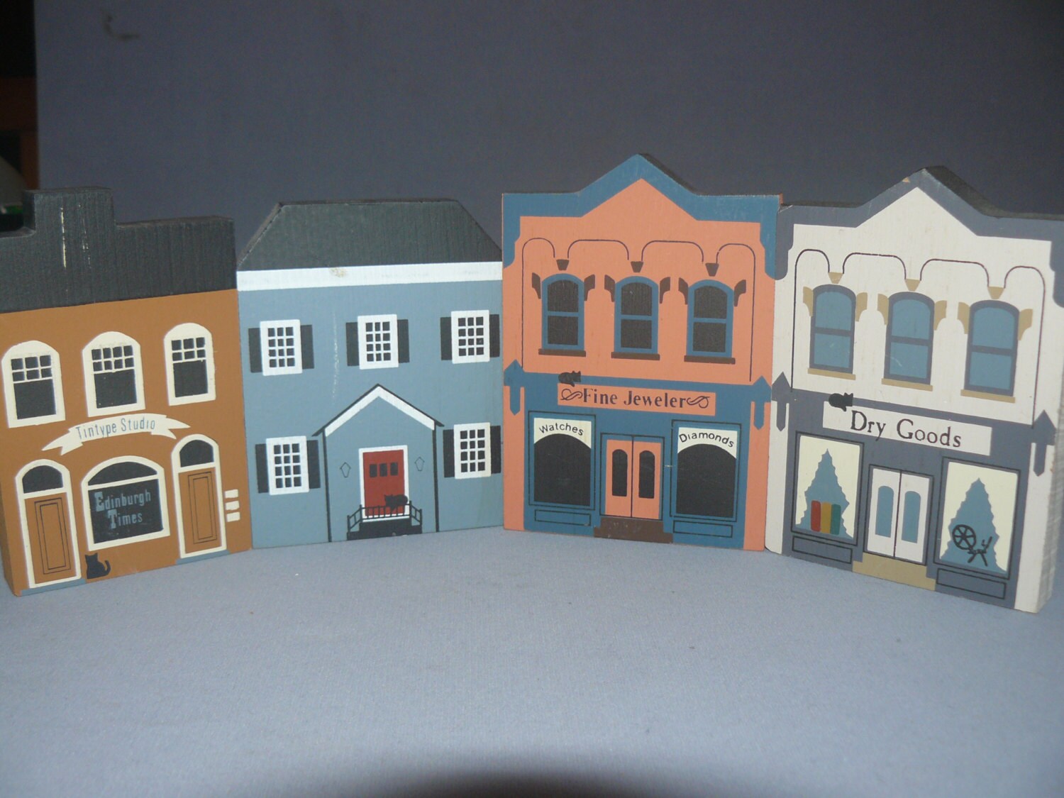 6 Vintage Cat's Meow Village Handcrafted & Signed Wooden Shelf Sitter