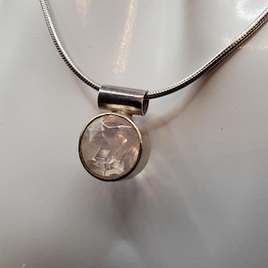 Diamond Cut Pink Rose Quartz Sterling Silver Pendant  Sterling Silver Snake Chain