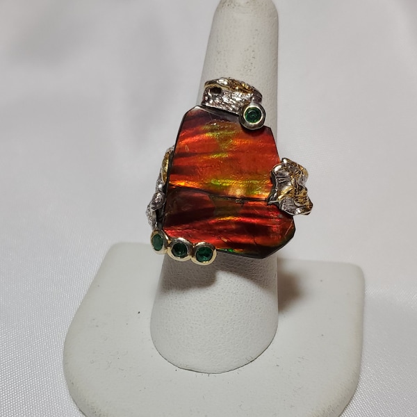 Canadian Ammolite Chrome Diopside Gold Sterling Silver Artisan Ring OOAK