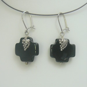 Onyx Black Gemstone  Sterling Silver Grapes Cross Earrings
