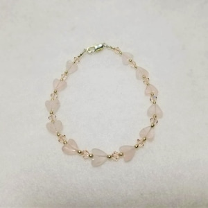 Rose Pink Quartz Gemstone Swarovski Crystal Silver Heart Bead Bracelet