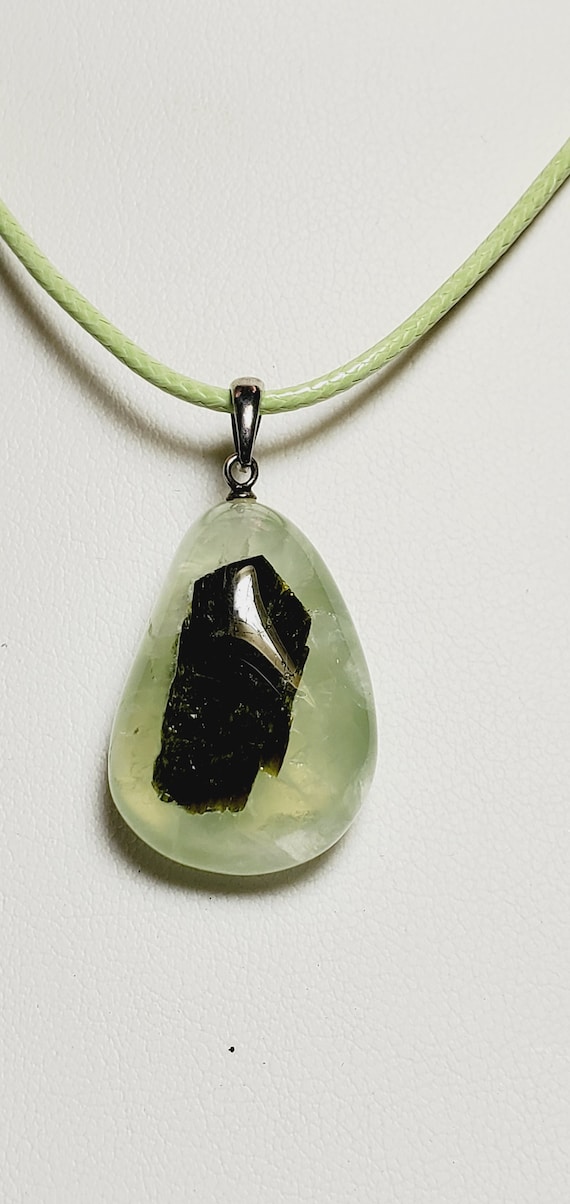 Prehnite Gemstone with Epidote Crystal Sterling Si