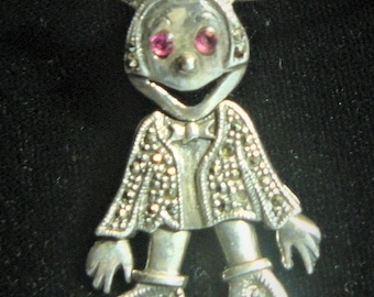 Sterling Silver Micky Mouse  Marcasite Ruby Gemstone Articulated Moving Hands Feet  Pendant