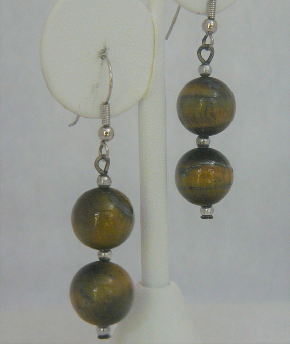 Tiger's Eye Gemstone Silver Drop/Dangle Earrings - image 1
