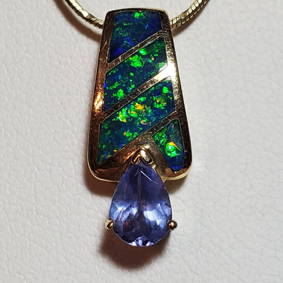 14K Yellow Gold Black Opal Tanzanite Gemstone Pen… - image 1