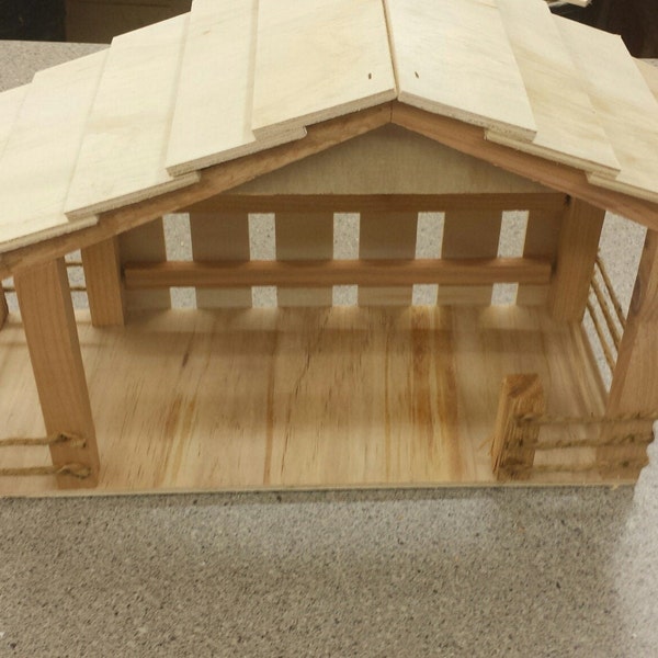 Handmade Wooden Christmas Nativity, Manger, Stable with Light. Rope Fencing. Felt tabs on bottom. Optional Nativity Set