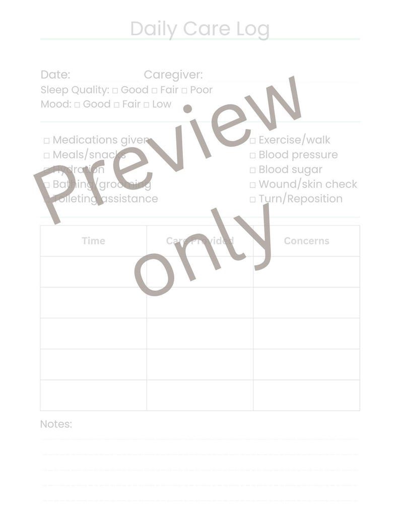 Daily Care Log Printable | Home Health, Senior Care Tracker (PDF) - Etsy