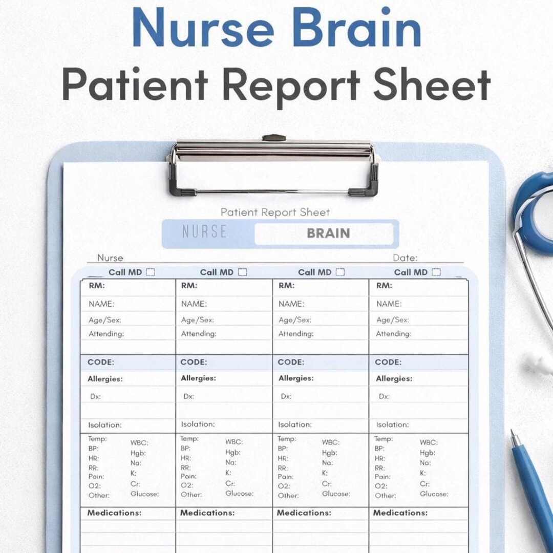Four Patient Worksheet.pdf Blue Nurse Brain Patient Report Sheet, 4-patient Layout (PDF Download ...