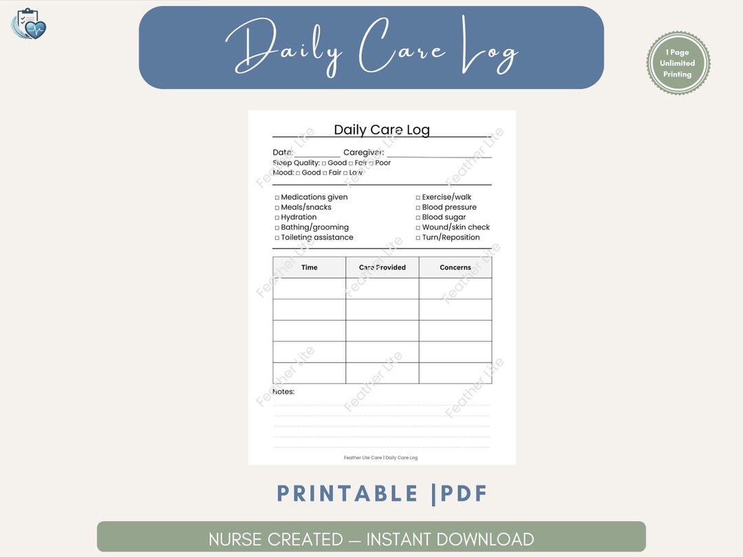 Daily Care Log Printable | Caregiver Shift Notes, Tracker (PDF Download ...