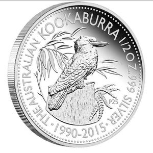 Puede incluir: Una moneda de plata con un diseño de kookaburra, con el texto "AUSTRALIAN KOOKABURRA" y "1/2 OZ .999 SILVER" alrededor del borde. La moneda presenta los años 1990-2015. El diámetro de la moneda es de aproximadamente 3,2 cm.