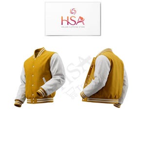 Op de afbeelding: Een mosterdgeel en wit varsity-jack met een drukknoopsluiting, lange witte mouwen en gestreepte geribbelde boorden bij de mouwen en zoom. Het jack wordt getoond vanuit de voor- en achterkant, met het HSA Online Clothing Store logo erboven.