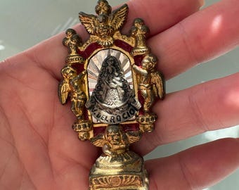Miniatuur Spaanse altaarstandaard, goud vergulde cherubijnschrijn, reliekschrijn Virgen del Rocío