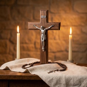 May include: A dark brown wooden crucifix featuring a silver-toned metal figure of Jesus and an INRI plaque at the top. A string of dark brown wooden prayer beads with a small silver-toned metal cross rests on a light-coloured fabric cloth.