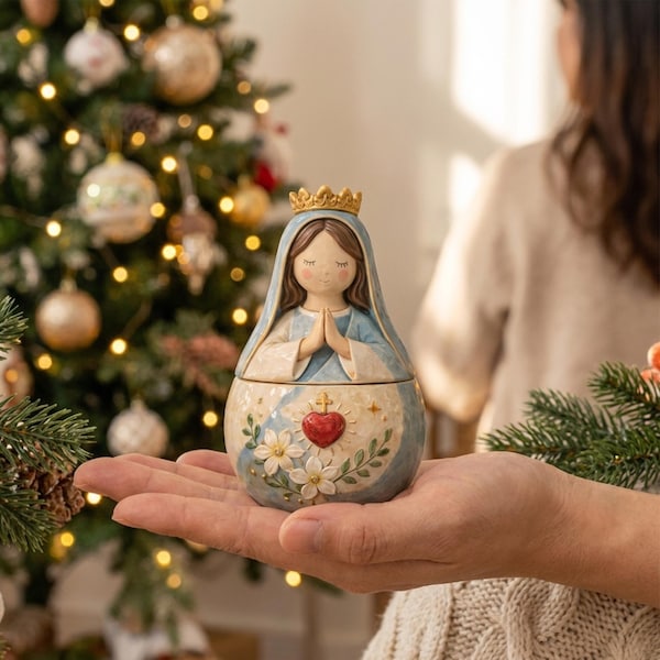 Religious Mini Prayer Box – Virgin Mary & Jesus Jewelry Box, Resin Keepsake Box, First Communion Gift, Catholic Trinket Box