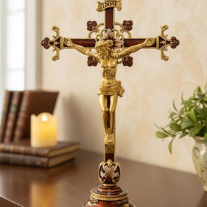 Puede incluir: Un crucifijo dorado con una figura detallada de Jesucristo. La cruz es de madera oscura con detalles dorados y elementos florales decorativos. La base es ornamentada, con un acabado marrón y dorado. Las letras "INRI" son visibles en la parte superior de la cruz.
