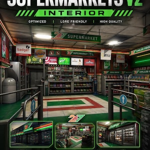 Peut inclure: Une image numérique d'un intérieur de supermarché, avec des étagères remplies de produits et un éclairage vif. L'image affiche le texte "SUPERMARKETS V2 INTERIOR" et "247 SUPERMARKET". La conception est optimisée pour les serveurs RP.