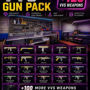 Puede incluir: Imagen promocional de un VVS Gun Pack, con una variedad de modelos de armas. La imagen incluye el texto "+120 VVS WEAPONS" y "+100 MORE VVS WEAPONS". La imagen también incluye el texto "HIGH QUALITY MODELS" y "EASY DRAG & DROP".