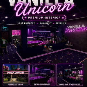 Peut inclure: Image promotionnelle pour un FiveM MLO, avec le texte "Vanilla Unicorn" en rose néon. L'image présente des vues intérieures et extérieures, soulignant des caractéristiques telles qu'un intérieur détaillé, une atmosphère immersive et un extérieur emblématique. Le texte comprend "Premium Interior" et "Perfect for RP Servers."