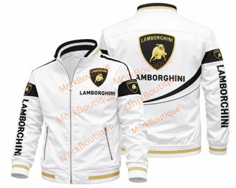 Lamborghini Men's White Black Racing Jacket Inspired Bomber Streetwear Jacket