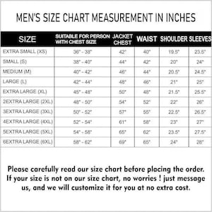 May include: A men's jacket size chart, with measurements in inches. Sizes range from extra small to 6 extra large, showing chest, waist, shoulder, and sleeve dimensions. The text at the bottom advises customers to read the chart carefully before ordering.