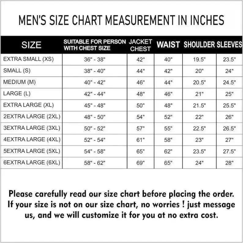 May include: A men's jacket size chart, with measurements in inches. Sizes range from extra small to 6 extra large, showing chest, waist, shoulder, and sleeve dimensions. The text at the bottom advises customers to read the chart carefully before ordering.