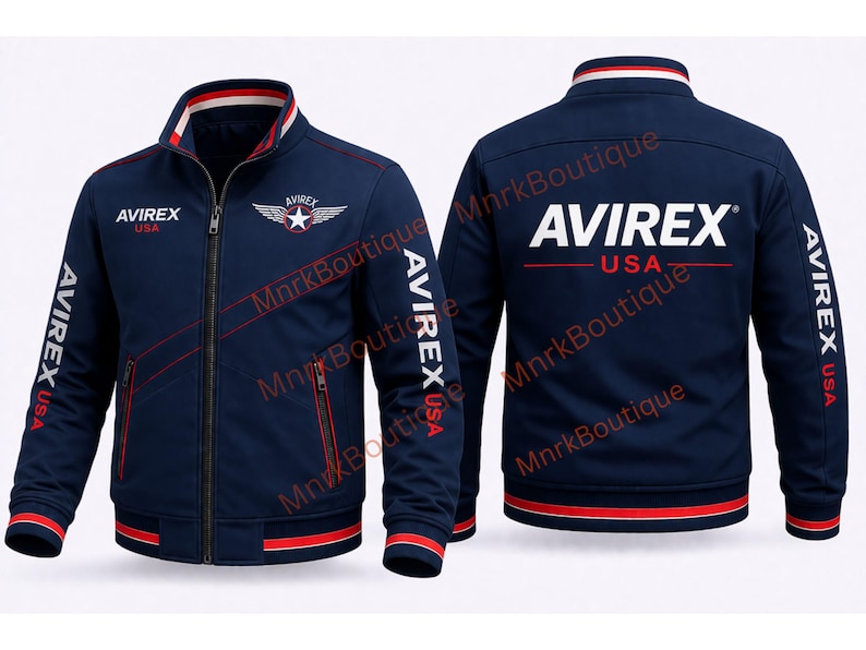 May include: Navy blue bomber jacket with red and white accents. Features the text "AVIREX USA" on the chest, sleeves, and back. Includes a star and wing emblem. A classic, sporty design.