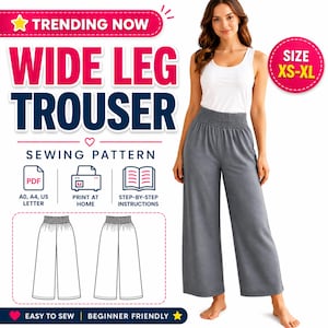 Puede incluir: Una mujer con pantalones grises de pierna ancha y una camiseta sin mangas blanca. La imagen incluye texto: "TENDENCIA AHORA" y "PATRÓN DE COSTURA PANTALÓN DE PIERNA ANCHA". El patrón es talla XS-XL y es apto para principiantes.