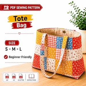 Pode incluir: Um molde de costura em PDF para uma bolsa tote com design de patchwork de quadrados de tecido floral e xadrez em vermelho, amarelo e azul. O texto inclui PDF SEWING PATTERN, Tote Bag, SIZE S-M-L, Beginner Friendly, A0, A4, US e INSTRUCTIONS.