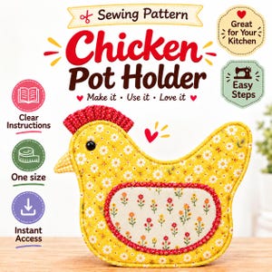 Chicken Pot Holder Sewing Pattern | Quilted Farmhouse Kitchen Accessory (PDF)
