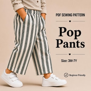 May include: A PDF sewing pattern for Pop Pants featuring a vertical striped design in dark grey and off-white. The trousers have an elastic waistband and a wide-leg cut. The text on the image reads PDF SEWING PATTERN, Pop Pants, Size: 3M-7Y.