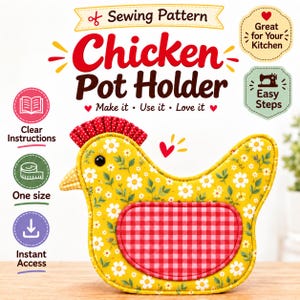Chicken Pot Holder Sewing Pattern | Quilted Farmhouse Kitchen Accessory (PDF)