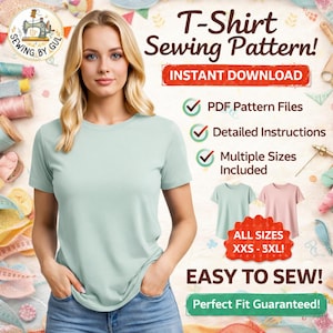 Molde de costura para camiseta básica em PDF | Molde básico de camiseta feminina XXS-XL | Tamanhos A0, A4 e Carta (EUA) | Tutorial para iniciantes em blusa de malha