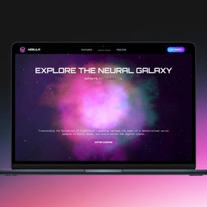 May include: A laptop screen shows a website with a space theme. The website's headline reads "EXPLORE THE NEURAL GALAXY" with a colourful nebula background. The laptop is set against a gradient background of purple and pink.
