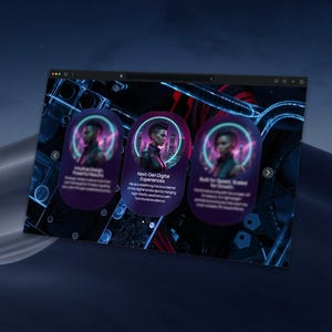 Peut inclure: Un écran d'ordinateur portable affiche trois cartes d'expérience numérique avec des portraits futuristes. Les cartes sont violettes avec des accents bleu et vert néon. Le texte sur les cartes comprend "Intuitive Design", "Next-Gen Digital Experiences", et "Built for Speed, Scaled for Growth."