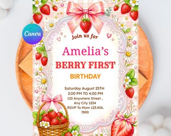 Szablon zaproszenia na pierwsze urodziny „Sweet Berry”, zaproszenie na przyjęcie truskawkowe, edytowalny Canva, do druku, do natychmiastowego pobrania, pierwsze urodziny dziewczynki